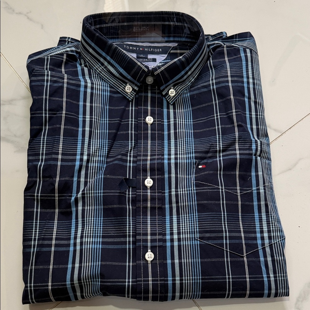 Tommy Hilfiger Navy and Light Blue Plaid Button-Down Shirt